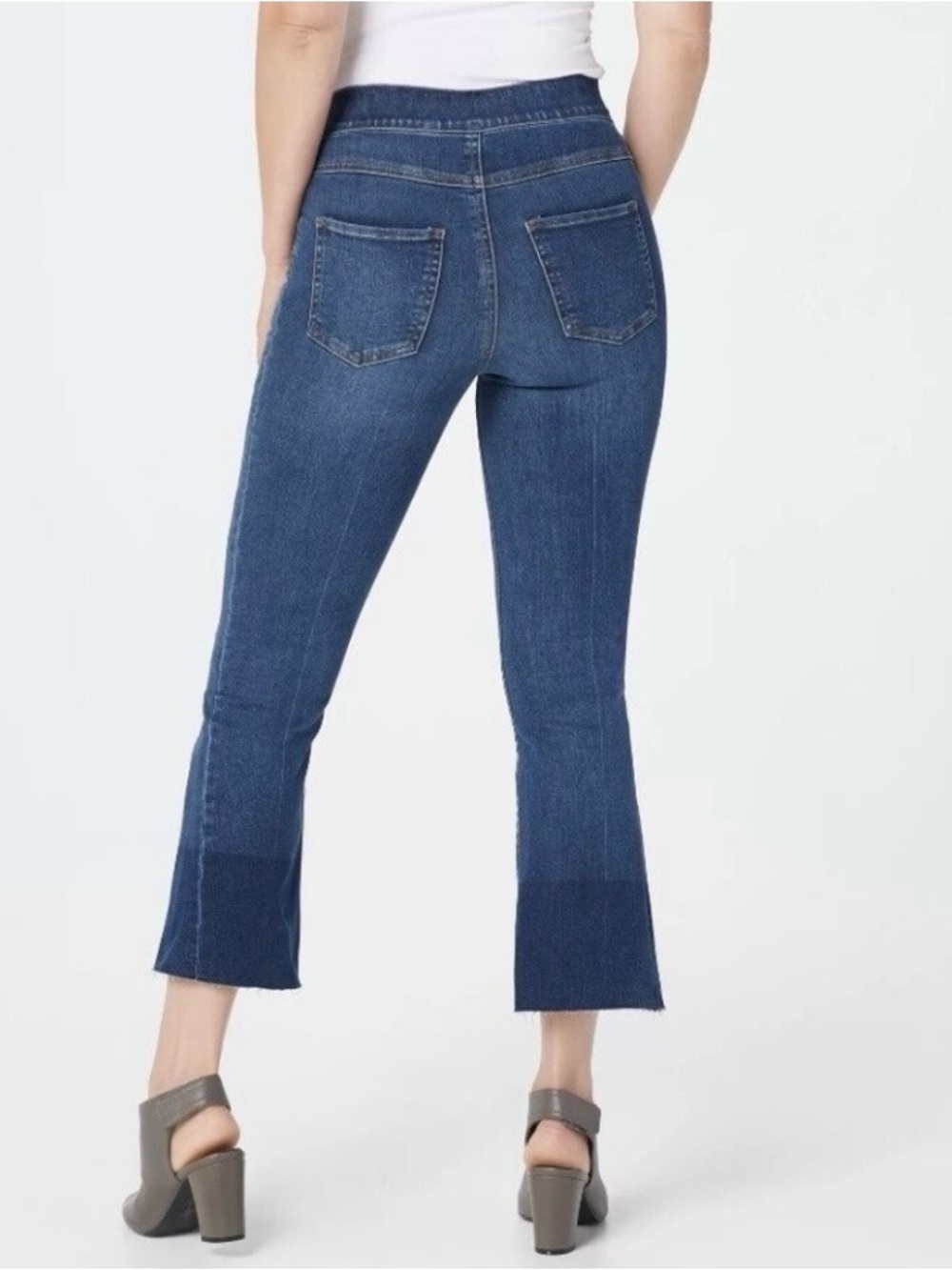 SPANX Medium Wash Cropped Flare Pull On Jeans Size M Raw Step Hem